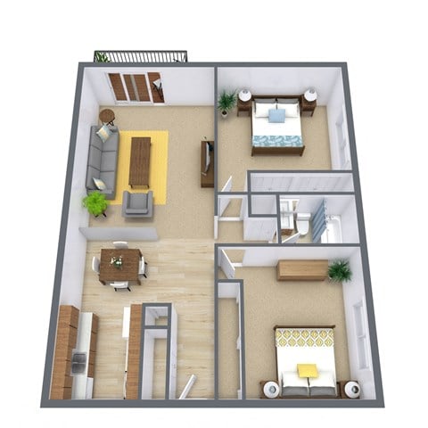 Floor plan for 2 beds, 1 bath, 881 sqft